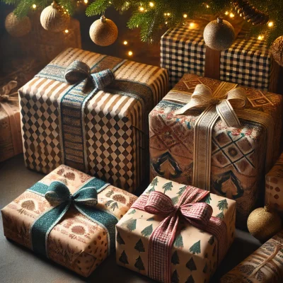 DALL·E 2024-11-27 13.49.54 - Four uniquely wrapped gifts in different sizes and colors, placed under a Christmas tree. Each gift has a distinct wrapping style with varying pattern